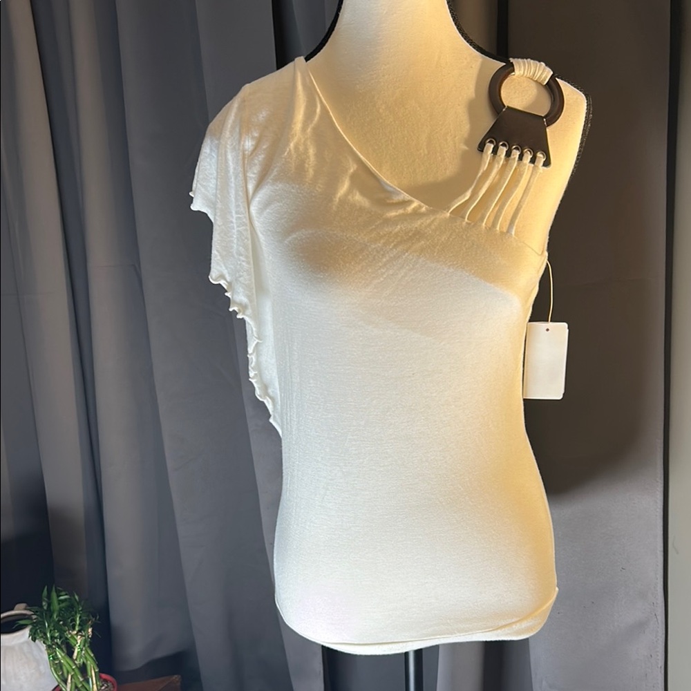 Cream Asymmetrical Flutter Sleeve Blouse